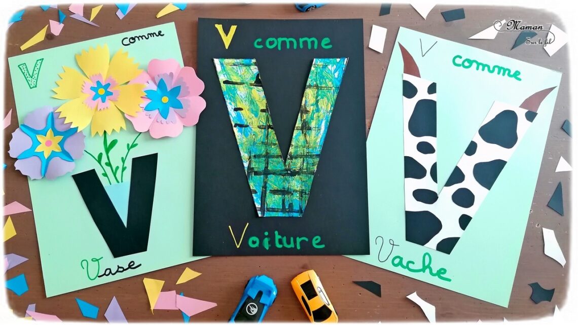 Abécédaire créatif - V comme Vase, Vache et Voiture - activité manuelle et créative enfants - Découpage et collage de papier pour faire de jolies fleurs colorées dans un vase (volume et printemps) - Utiliser les chutes de papier pour créer tâches de la vache - Peinture ludique avec une petite voiture - apprentissage lettres alphabet - maternelle - Alphabets lettres creuses gratuit - créative - Projet Maternelle Cycle 1 - mslf