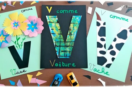 Abécédaire créatif - V comme Vase, Vache et Voiture - activité manuelle et créative enfants - Découpage et collage de papier pour faire de jolies fleurs colorées dans un vase (volume et printemps) - Utiliser les chutes de papier pour créer tâches de la vache - Peinture ludique avec une petite voiture - apprentissage lettres alphabet - maternelle - Alphabets lettres creuses gratuit - créative - Projet Maternelle Cycle 1 - mslf