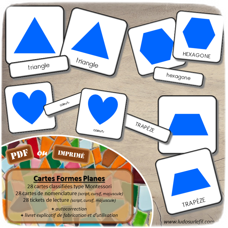 Jeu de cartes type Montessori (classifiées et de nomenclature) - Formes planes - Simples et complexes - Polygones et autres - Différents types de triangles - Formes à dessin Montessori - Autocorrection au dos (noms pour lecteurs, symboles pour non lecteurs) - Tickets ou billets de lecture - 3 graphies - Majuscule, cursif et script - Document PDF à imprimer ou jeu imprimé possible - Préscolaire, maternelle, élémentaire - 28 cartes pour apprentissage et tri des formes planes - Etiquettes Mots - atelier autocorrectif - Cycle 1, 2 ou 3 - discrimination visuelle, observation, lecture de mots - à télécharger et à imprimer - mslf