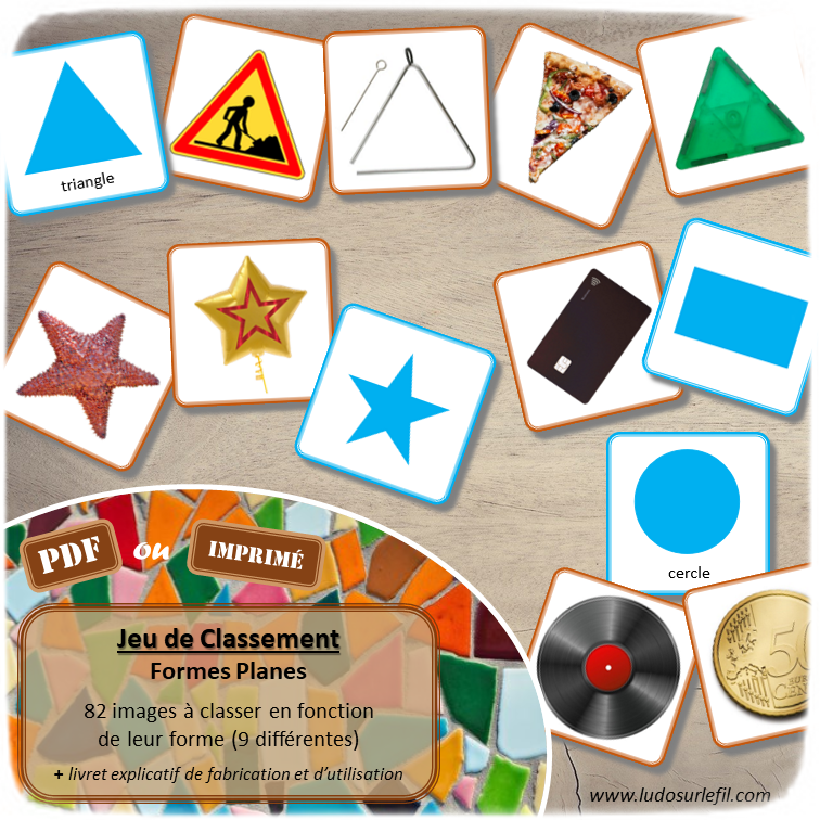 Jeu de classement et tri autour des formes planes - 82 images à classer selon leur forme - 9 formes de difficulté différente - Triangle, cercle, carré, rectangle, ovale, étoile, coeur, hexagone, octogone - 10 ou 6 images par forme - atelier jeu autocorrectif et autonome - nom et symbole au dos - développement du langage, du vocabulaire, discrimination visuelle - Formes planes - Atelier maternelle, cycle 1 ou préscolaire - fichier PDF à télécharger et à imprimer ou jeu imprimé - mslf