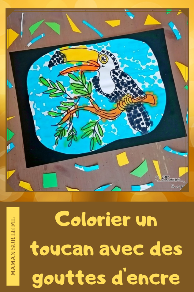 Activité créative enfants - Colorier un toucan avec des pipettes et des gouttes eau colorées - Motricité fine, patience et précision - Pipettes et encre - Pince et préhension doigts - Créativité - Amérique du Sud et Brésil- Découverte d'un pays - Espace et géographie - Animaux de la jungle et oiseaux - arts visuels et atelier maternelle et Cycle 1 et 2 - mslf