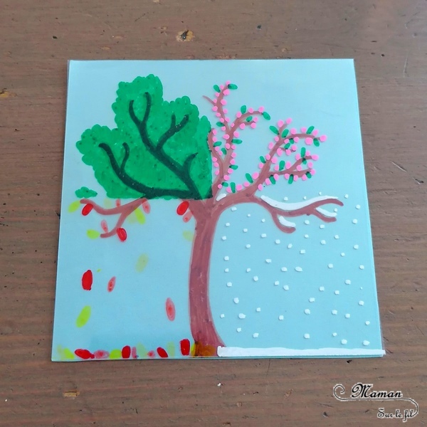 Activité manuelle et créative enfants - Fabriquer un jeu DIY autour des 4 saisons - Arbre modulable et cycle de la nature - Transparents et dessin - changements de l'arbre au fil des saisons - été, automne, printemps et hiver - fleurs, neige, feuilles mortes, soleil - plusieurs étages - couleurs - Bricolage Fait Maison- Feuilles plastiques transparentes - Marqueurs peinture - Bricolage et Créativité - Maternelle - Cycle 1 - Nature et Printemps - mslf