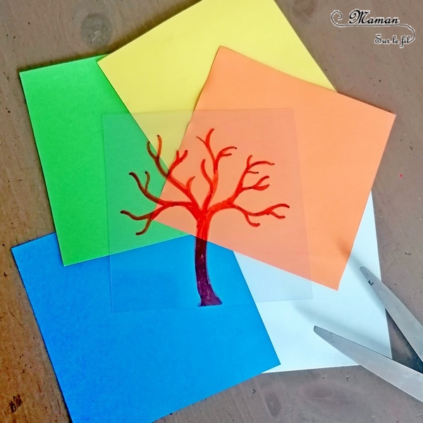 Activité manuelle et créative enfants - Fabriquer un jeu DIY autour des 4 saisons - Arbre modulable et cycle de la nature - Transparents et dessin - changements de l'arbre au fil des saisons - été, automne, printemps et hiver - fleurs, neige, feuilles mortes, soleil - plusieurs étages - couleurs - Bricolage Fait Maison- Feuilles plastiques transparentes - Marqueurs peinture - Bricolage et Créativité - Maternelle - Cycle 1 - Nature et Printemps - mslf