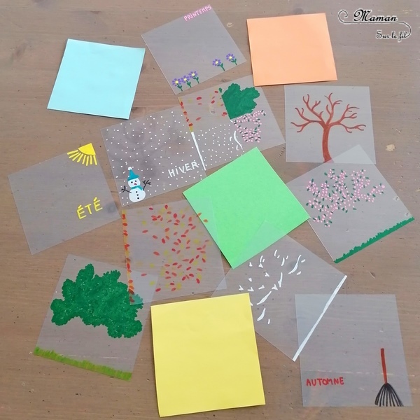 Activité manuelle et créative enfants - Fabriquer un jeu DIY autour des 4 saisons - Arbre modulable et cycle de la nature - Transparents et dessin - changements de l'arbre au fil des saisons - été, automne, printemps et hiver - fleurs, neige, feuilles mortes, soleil - plusieurs étages - couleurs - Bricolage Fait Maison- Feuilles plastiques transparentes - Marqueurs peinture - Bricolage et Créativité - Maternelle - Cycle 1 - Nature et Printemps - mslf