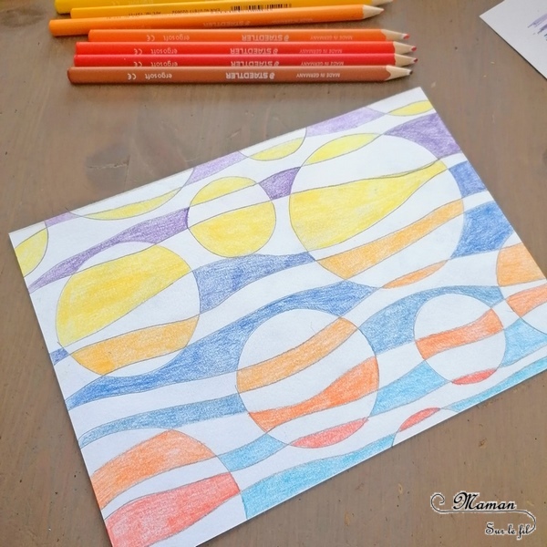 Activité manuelle et créative enfants - Art visuel autour des cercles, lignes et couleurs - Couleurs chaudes et froides - Dégradés de couleurs - Coloriage - feutres ou crayons de couleur - Technique d'arts plastiques - Peinture - Maternelle - arts visuels Elémentaire, Cycle 1, 2 ou 3 - mslf