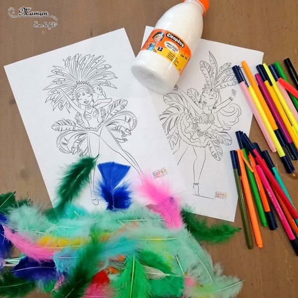 Activité manuelle et créative enfants - Danseuses brésiliennes avec des plumes - Carnaval de Rio, Samba - Mardi-Gras - Coloriage, découpage, collage, jeu sur les couleurs - Brésil et Carnaval de Rio - Bricolage DIY et Créativité - Maternelle - arts visuels Elémentaire, Cycle 1 ou 2 - Découverte d'un pays, géographie - Amérique du Sud - mslf