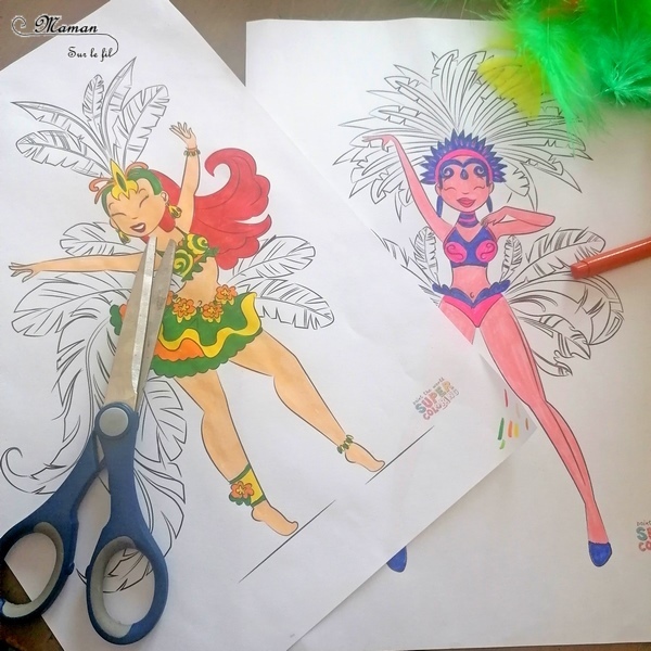 Activité manuelle et créative enfants - Danseuses brésiliennes avec des plumes - Carnaval de Rio, Samba - Mardi-Gras - Coloriage, découpage, collage, jeu sur les couleurs - Brésil et Carnaval de Rio - Bricolage DIY et Créativité - Maternelle - arts visuels Elémentaire, Cycle 1 ou 2 - Découverte d'un pays, géographie - Amérique du Sud - mslf