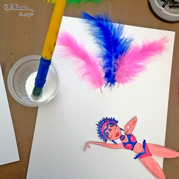 Activité manuelle et créative enfants - Danseuses brésiliennes avec des plumes - Carnaval de Rio, Samba - Mardi-Gras - Coloriage, découpage, collage, jeu sur les couleurs - Brésil et Carnaval de Rio - Bricolage DIY et Créativité - Maternelle - arts visuels Elémentaire, Cycle 1 ou 2 - Découverte d'un pays, géographie - Amérique du Sud - mslf