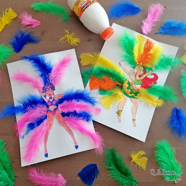 Activité manuelle et créative enfants - Danseuses brésiliennes avec des plumes - Carnaval de Rio, Samba - Mardi-Gras - Coloriage, découpage, collage, jeu sur les couleurs - Brésil et Carnaval de Rio - Bricolage DIY et Créativité - Maternelle - arts visuels Elémentaire, Cycle 1 ou 2 - Découverte d'un pays, géographie - Amérique du Sud - mslf