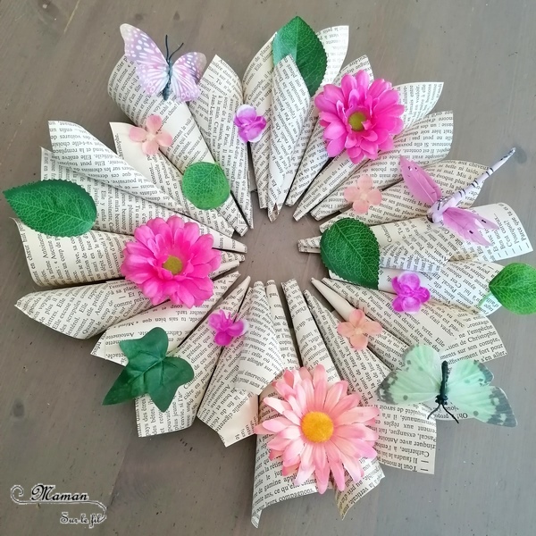 Activité manuelle et créative enfants - Fabriquer une couronne de printemps avec un vieux livre jauni - Décoration de porte - Saisons - Pages découpées, roulées, collées - Motricité fine - Vert rose et violet - Récup et surcyclage - recyclage de livres abimés - Bricolage et Créativité - arts visuels Elémentaire, maternelle, Cycle 1, 2 - Nature Fleurs Feuilles et insectes - mslf