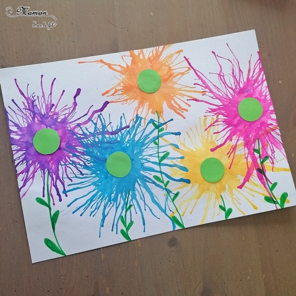 Activité manuelle et créative enfants - Peindre des fleurs avec une paille - Peinture ou encre soufflée à la paille - Cercles et ronds - Découpage, collage et dessin - Paysage pour le printemps - Créativité - arts visuels Elémentaire, maternelle, Cycle 1, 2 - Nature - mslf