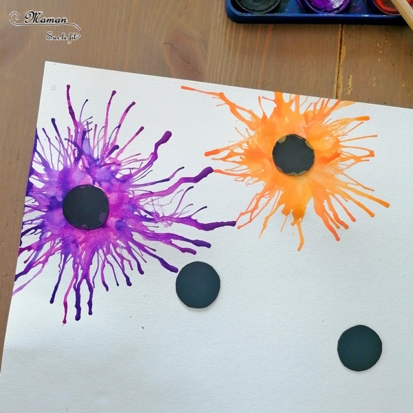 Activité manuelle et créative enfants - Peindre des fleurs avec une paille - Peinture ou encre soufflée à la paille - Cercles et ronds - Découpage, collage et dessin - Paysage pour le printemps - Créativité - arts visuels Elémentaire, maternelle, Cycle 1, 2 - Nature - mslf