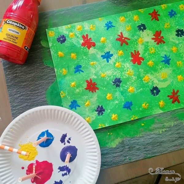 Activité manuelle et créative enfants - Peindre un champs printanier fleuri avec sa clôture en récup' - Peinture au ballon pour le fond - Peinture avec des pailles pour les fleurs - Barrière en bâtonnets de glace en bois - recyclage - Printemps, pré, herbe et Fleurs - Surcyclage - Bricolage et Créativité - arts visuels Elémentaire, maternelle, Cycle 1, 2 - Nature - mslf