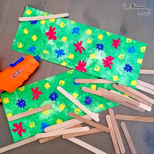 Activité manuelle et créative enfants - Peindre un champs printanier fleuri avec sa clôture en récup' - Peinture au ballon pour le fond - Peinture avec des pailles pour les fleurs - Barrière en bâtonnets de glace en bois - recyclage - Printemps, pré, herbe et Fleurs - Surcyclage - Bricolage et Créativité - arts visuels Elémentaire, maternelle, Cycle 1, 2 - Nature - mslf