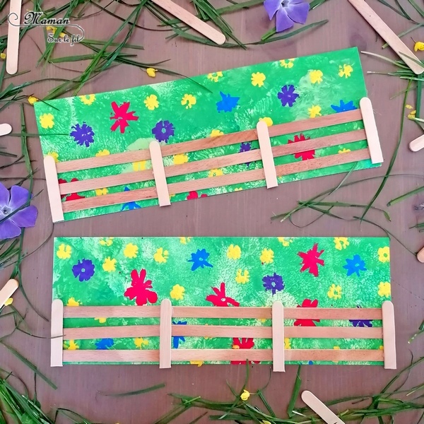 Activité manuelle et créative enfants - Peindre un champs printanier fleuri avec sa clôture en récup' - Peinture au ballon pour le fond - Peinture avec des pailles pour les fleurs - Barrière en bâtonnets de glace en bois - recyclage - Printemps, pré, herbe et Fleurs - Surcyclage - Bricolage et Créativité - arts visuels Elémentaire, maternelle, Cycle 1, 2 - Nature - mslf