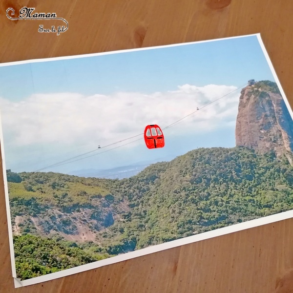 Activité manuelle et créative enfants - Monter en haut du Pain de Sucre en téléphérique - Bricolage avec nacelle qui bouge et qui coulisse - Rio de Janeiro - Paysage - Voyage et visite - Simple et rigolo - Brésil - Bricolage DIY et Créativité - Maternelle - arts visuels Elémentaire, Cycle 1 ou 2 - Découverte d'un pays, géographie - Amérique du Sud - mslf