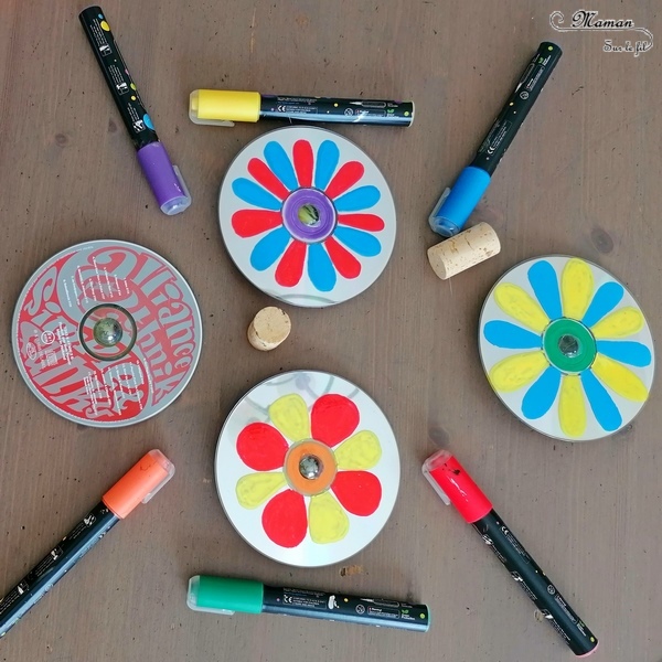 Activité manuelle et créative enfants - Fabriquer des toupies Fleurs DIY - Bricolage et jeu Fait Maison avec de la récup' - Vieux CD Bouchons en liège et billes - Printemps - Mélange des couleurs primaires - Dessin et motricité fine - Marqueurs peinture - Créativité - Maternelle - Cycle 1, 2 - Nature et Printemps - mslf