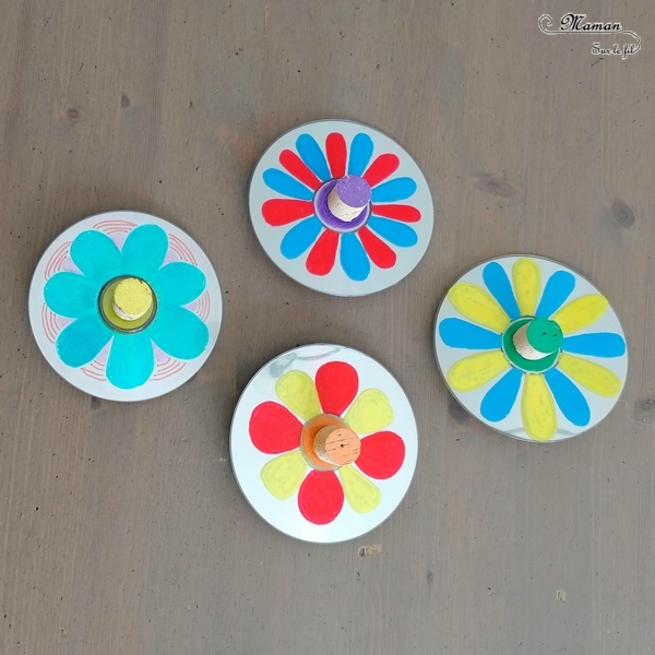 Activité manuelle et créative enfants - Fabriquer des toupies Fleurs DIY - Bricolage et jeu Fait Maison avec de la récup' - Vieux CD Bouchons en liège et billes - Printemps - Mélange des couleurs primaires - Dessin et motricité fine - Marqueurs peinture - Créativité - Maternelle - Cycle 1, 2 - Nature et Printemps - mslf