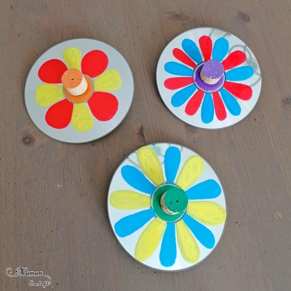 Activité manuelle et créative enfants - Fabriquer des toupies Fleurs DIY - Bricolage et jeu Fait Maison avec de la récup' - Vieux CD Bouchons en liège et billes - Printemps - Mélange des couleurs primaires - Dessin et motricité fine - Marqueurs peinture - Créativité - Maternelle - Cycle 1, 2 - Nature et Printemps - mslf