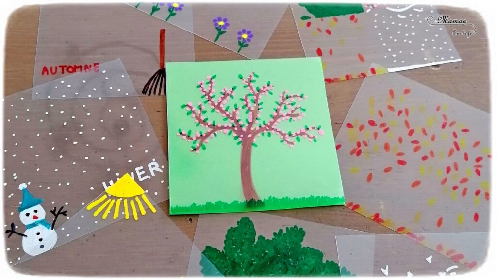 Activité manuelle et créative enfants - Fabriquer un jeu DIY autour des 4 saisons - Arbre modulable et cycle de la nature - Transparents et dessin - changements de l'arbre au fil des saisons - été, automne, printemps et hiver - fleurs, neige, feuilles mortes, soleil - plusieurs étages - couleurs - Bricolage Fait Maison- Feuilles plastiques transparentes - Marqueurs peinture - Bricolage et Créativité - Maternelle - Cycle 1 - Nature et Printemps - mslf