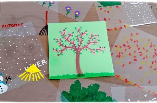 Activité manuelle et créative enfants - Fabriquer un jeu DIY autour des 4 saisons - Arbre modulable et cycle de la nature - Transparents et dessin - changements de l'arbre au fil des saisons - été, automne, printemps et hiver - fleurs, neige, feuilles mortes, soleil - plusieurs étages - couleurs - Bricolage Fait Maison- Feuilles plastiques transparentes - Marqueurs peinture - Bricolage et Créativité - Maternelle - Cycle 1 - Nature et Printemps - mslf