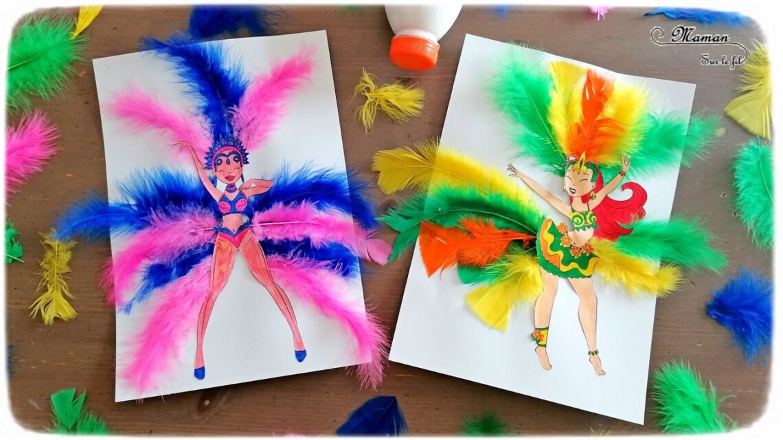 Activité manuelle et créative enfants - Danseuses brésiliennes avec des plumes - Carnaval de Rio, Samba - Mardi-Gras - Coloriage, découpage, collage, jeu sur les couleurs - Brésil et Carnaval de Rio - Bricolage DIY et Créativité - Maternelle - arts visuels Elémentaire, Cycle 1 ou 2 - Découverte d'un pays, géographie - Amérique du Sud - mslf