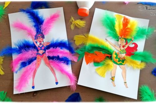 Activité manuelle et créative enfants - Danseuses brésiliennes avec des plumes - Carnaval de Rio, Samba - Mardi-Gras - Coloriage, découpage, collage, jeu sur les couleurs - Brésil et Carnaval de Rio - Bricolage DIY et Créativité - Maternelle - arts visuels Elémentaire, Cycle 1 ou 2 - Découverte d'un pays, géographie - Amérique du Sud - mslf