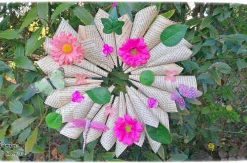 Activité manuelle et créative enfants - Fabriquer une couronne de printemps avec un vieux livre jauni - Décoration de porte - Saisons - Pages découpées, roulées, collées - Motricité fine - Vert rose et violet - Récup et surcyclage - recyclage de livres abimés - Bricolage et Créativité - arts visuels Elémentaire, maternelle, Cycle 1, 2 - Nature Fleurs Feuilles et insectes - mslf