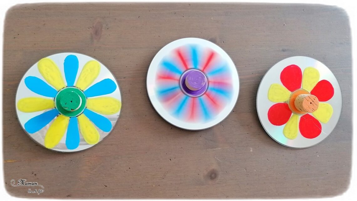 Activité manuelle et créative enfants - Fabriquer des toupies Fleurs DIY - Bricolage et jeu Fait Maison avec de la récup' - Vieux CD Bouchons en liège et billes - Printemps - Mélange des couleurs primaires - Dessin et motricité fine - Marqueurs peinture - Créativité - Maternelle - Cycle 1, 2 - Nature et Printemps - mslf