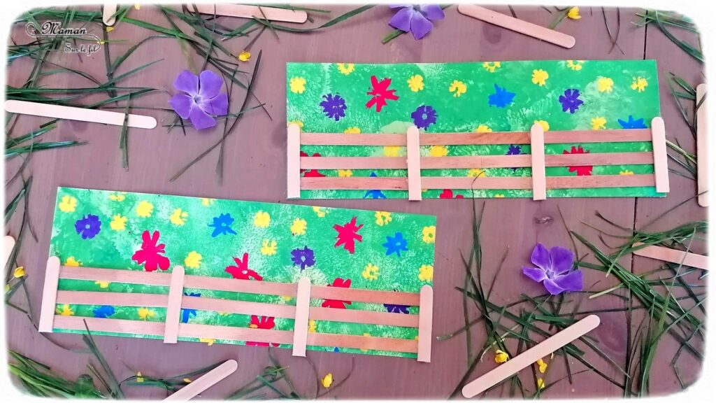 Activité manuelle et créative enfants - Peindre un champs printanier fleuri avec sa clôture en récup' - Peinture au ballon pour le fond - Peinture avec des pailles pour les fleurs - Barrière en bâtonnets de glace en bois - recyclage - Printemps, pré, herbe et Fleurs - Surcyclage - Bricolage et Créativité - arts visuels Elémentaire, maternelle, Cycle 1, 2 - Nature - mslf