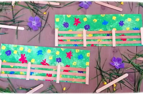 Activité manuelle et créative enfants - Peindre un champs printanier fleuri avec sa clôture en récup' - Peinture au ballon pour le fond - Peinture avec des pailles pour les fleurs - Barrière en bâtonnets de glace en bois - recyclage - Printemps, pré, herbe et Fleurs - Surcyclage - Bricolage et Créativité - arts visuels Elémentaire, maternelle, Cycle 1, 2 - Nature - mslf