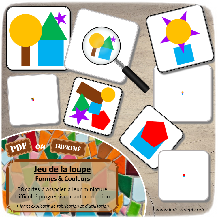 Jeu de la loupe - Miniatures - Formes et couleurs - cartes à associer aux miniatures - format PDF à télécharger et à imprimer ou jeu imprimé - atelier autocorrectif et autonome maternelle - observation, discrimination visuelle, utilisation de la loupe, vocabulaire - autocorrection non-lecteurs - lslf