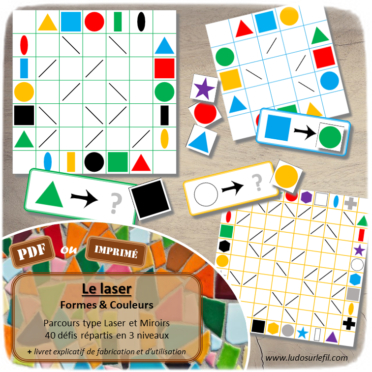 Le laser - Jeu de parcours type Lumière et Miroirs - Déplacement dans grille, repérage dans l'espace - repérage et vocabulaire spatial - jeu et atelier autonome et autocorrectif Maternelle (Cycle 1) et Primaire (Cycle 2) - Niveaux et difficulté progressifs - Formes et couleurs - PDF à télécharger et à imprimer ou jeu imprimé - difficulté progressive et solutions - lslf