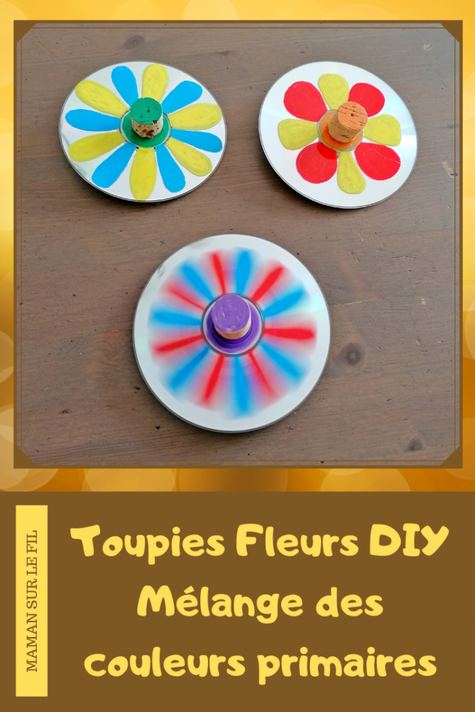 Activité manuelle et créative enfants - Fabriquer des toupies Fleurs DIY - Bricolage et jeu Fait Maison avec de la récup' - Vieux CD Bouchons en liège et billes - Printemps - Mélange des couleurs primaires - Dessin et motricité fine - Marqueurs peinture - Créativité - Maternelle - Cycle 1, 2 - Nature et Printemps - mslf