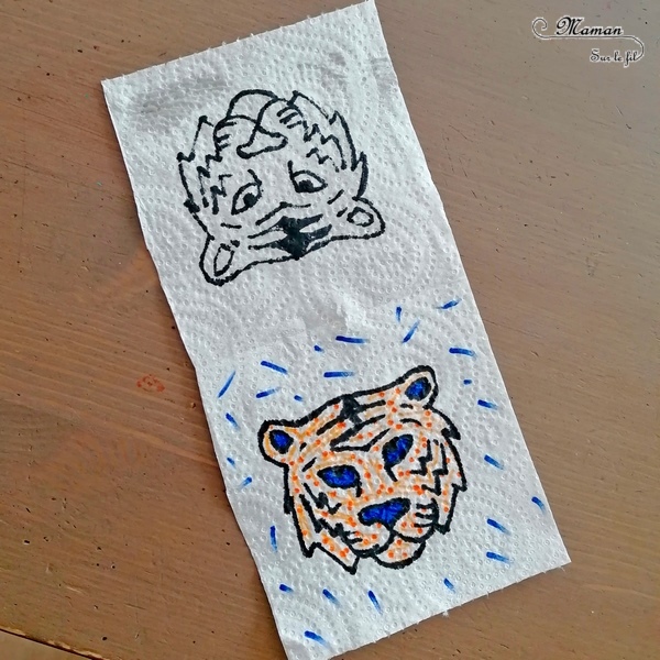 Activité créative et manuelle enfants - Expérience rigolote - Colorer un tigre avec un sopalin ou essuie-tout magique - Dessin, coloriage, et mise en couleur magique - Magie - Animaux de la jungle emblématiques de la Chine et Asie - Créativité - Découverte d'un pays - Espace et géographie - arts visuels et atelier maternelle et Cycle 1 et 2 - mslf