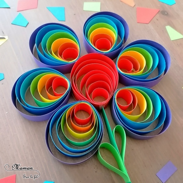 Activité manuelle et créative enfants - Fabriquer une fleur Arc-en-ciel avec des ronds de papier - Cercles et couleurs - Découpage et Collage - Initiation au quilling- Saisons - Printemps et Fleurs - Récup' - Utilisation des chutes de papier - Récup et surcyclage - Bricolage et Créativité - arts visuels Elémentaire, maternelle, Cycle 1, 2 - Nature - mslf