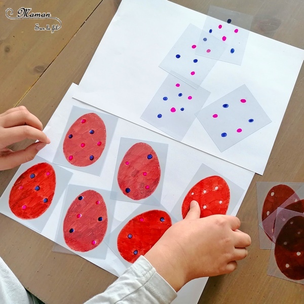 Activité manuelle et créative enfants - Fabriquer un jeu DIY autour des oeufs de Pâques - Logique, observation et discrimination visuelle - Transparents et dessin - Colore les points des oeufs en chocolat - jeu de superposition - Bricolage Fait Maison - Feuilles plastiques transparentes - Marqueurs permanents - Bricolage et Créativité - Maternelle et élémentaire - Cycles 1 et 2 - Atelier autonome - mslf