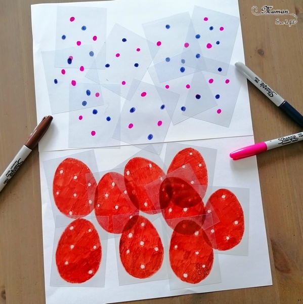 Activité manuelle et créative enfants - Fabriquer un jeu DIY autour des oeufs de Pâques - Logique, observation et discrimination visuelle - Transparents et dessin - Colore les points des oeufs en chocolat - jeu de superposition - Bricolage Fait Maison - Feuilles plastiques transparentes - Marqueurs permanents - Bricolage et Créativité - Maternelle et élémentaire - Cycles 1 et 2 - Atelier autonome - mslf