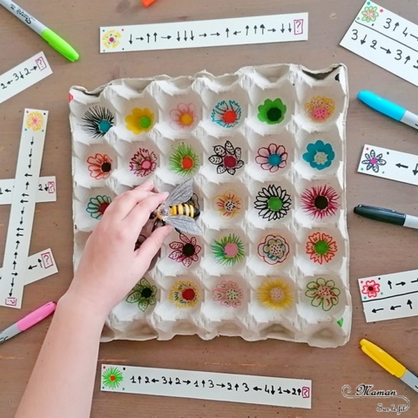 Activité manuelle et créative enfants - Abeille butineuse - Fabriquer un jeu DIY de codage autour des fleurs et du printemps - Récup - Boite à oeufs et dessin - Repérage dans l'espace, parcours codés, mathématiques ludiques et Logique - observation et discrimination visuelle - atelier autonome et autocorrectif maternelle et cycle 2 - CP CE1 CE2 - Bricolage Fait Maison - Animaux, Insectes et Nature - Couleurs - Créativité - Maternelle et élémentaire - Cycles 1 et 2 - mslf