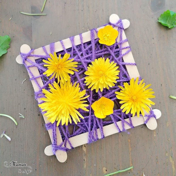 Activité manuelle et créative enfants - Créer des petits cadres fleuris en laine et récup' - Bâtonnets de bois de glace recyclage - Laine et motricité fine - fleurs du jardin - Land art - Art éphémère - Activité nature de saisons - Printemps - Décoration DIY et Fait Maison - Créativité - arts visuels Elémentaire, maternelle, Cycle 1, 2 - Nature - mslf