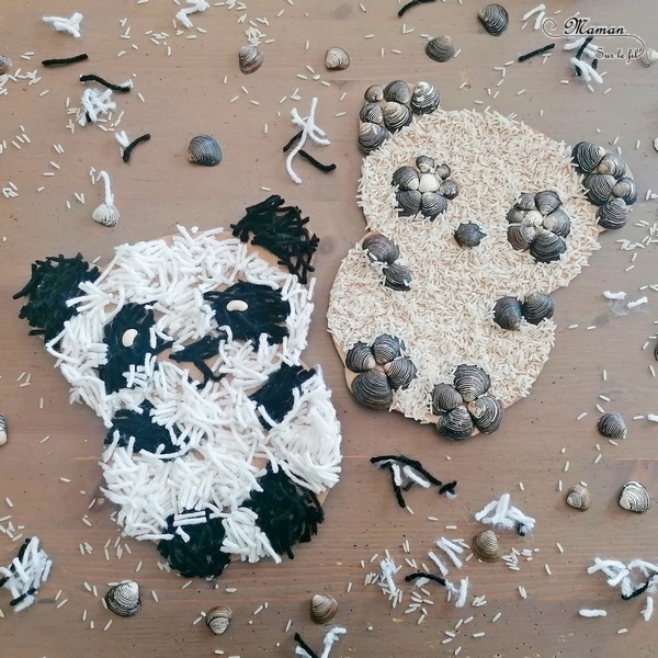 Activité créative et manuelle enfants - Collage - Pandas en deux façons - Riz et coquillage - Laine - Noir et Blanc - Nature, récup, carton, land art - découpage - Créativité - Animaux Montagne - Asie et Chine - Découverte d'un pays - Espace et géographie - arts visuels et atelier maternelle et Cycle 1 et 2 - mslf