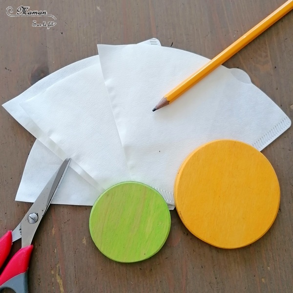 Activité manuelle et créative enfants - Créer une suspension de fleurs avec des filtres à café et de l'encre - Motricité fine, encre et pipettes - Mélange de couleurs - Printemps - Laine et Printemps - Décoration DIY et Fait Maison - Découpage - Créativité - arts visuels Elémentaire, maternelle, Cycle 1, 2 - Nature - mslf