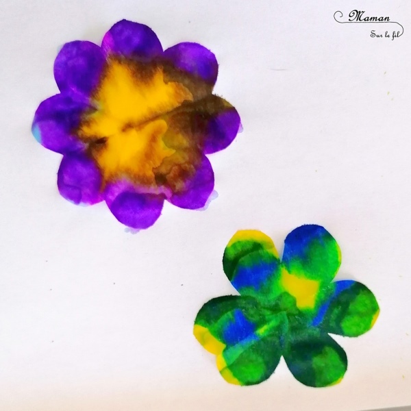 Activité manuelle et créative enfants - Créer une suspension de fleurs avec des filtres à café et de l'encre - Motricité fine, encre et pipettes - Mélange de couleurs - Printemps - Laine et Printemps - Décoration DIY et Fait Maison - Découpage - Créativité - arts visuels Elémentaire, maternelle, Cycle 1, 2 - Nature - mslf