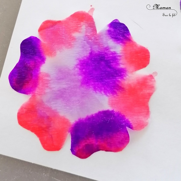 Activité manuelle et créative enfants - Créer une suspension de fleurs avec des filtres à café et de l'encre - Motricité fine, encre et pipettes - Mélange de couleurs - Printemps - Laine et Printemps - Décoration DIY et Fait Maison - Découpage - Créativité - arts visuels Elémentaire, maternelle, Cycle 1, 2 - Nature - mslf