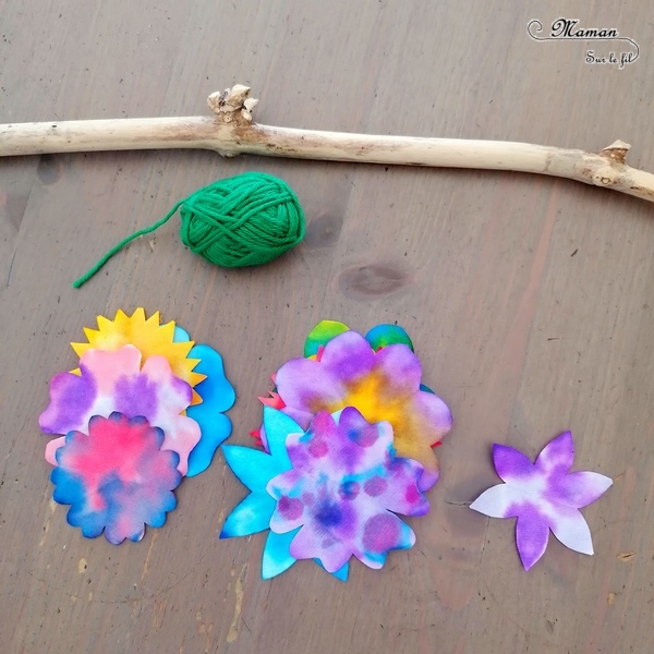 Activité manuelle et créative enfants - Créer une suspension de fleurs avec des filtres à café et de l'encre - Motricité fine, encre et pipettes - Mélange de couleurs - Printemps - Laine et Printemps - Décoration DIY et Fait Maison - Découpage - Créativité - arts visuels Elémentaire, maternelle, Cycle 1, 2 - Nature - mslf