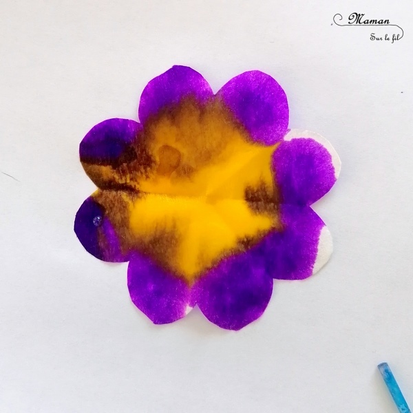 Activité manuelle et créative enfants - Créer une suspension de fleurs avec des filtres à café et de l'encre - Motricité fine, encre et pipettes - Mélange de couleurs - Printemps - Laine et Printemps - Décoration DIY et Fait Maison - Découpage - Créativité - arts visuels Elémentaire, maternelle, Cycle 1, 2 - Nature - mslf