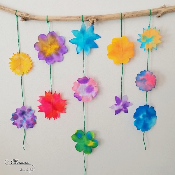 Activité manuelle et créative enfants - Créer une suspension de fleurs avec des filtres à café et de l'encre - Motricité fine, encre et pipettes - Mélange de couleurs - Printemps - Laine et Printemps - Décoration DIY et Fait Maison - Découpage - Créativité - arts visuels Elémentaire, maternelle, Cycle 1, 2 - Nature - mslf