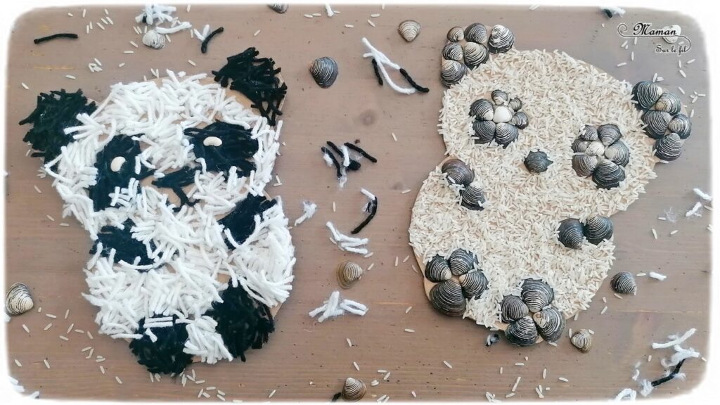 Activité créative et manuelle enfants - Collage - Pandas en deux façons - Riz et coquillage - Laine - Noir et Blanc - Nature, récup, carton, land art - découpage - Créativité - Animaux Montagne - Asie et Chine - Découverte d'un pays - Espace et géographie - arts visuels et atelier maternelle et Cycle 1 et 2 - mslf