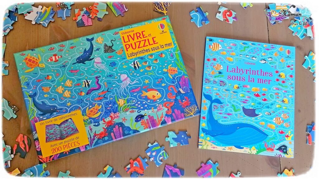 Coffret Livre et Puzzle - Labyrinthes sous la mer chez Usborne - Puzzle de 200 pièces avec labyrinthe sur le thème de la mer et des océans - Cahier de jeux de labyrinthes - Animaux marins - test et avis - Saisons et été - Elémentaire cycle 2 mslf