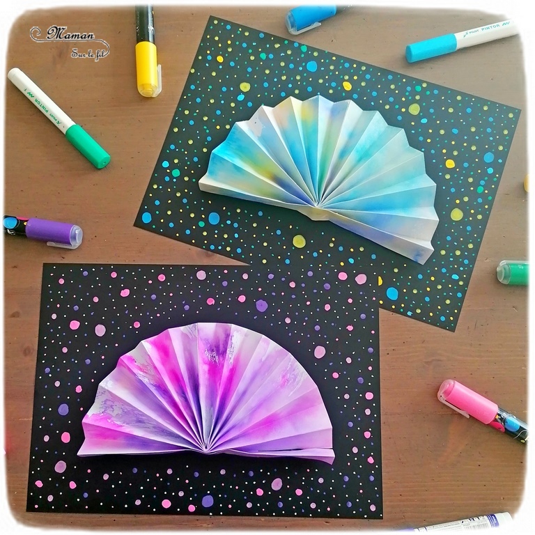 Activité créative et manuelle enfants - Tableaux éventails chinois - Technique pour le fond des éventails : feutres et papier aluminium - Pliage et motricité fine - Contraste couleurs et noir - Points et graphisme - Créativité - Asie et Chine - Découverte d'un pays - Espace et géographie - arts visuels et atelier maternelle et Cycle 1 et 2 - mslf